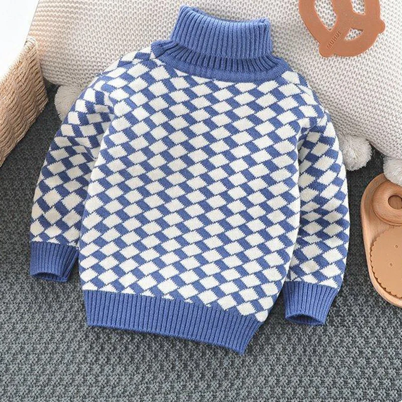 Boys\' Sweater Children\'s High Neck Sweater Autumn and Winter Plaid Baby Plush Thickened Winter Bottom Boys Underlay Sweater