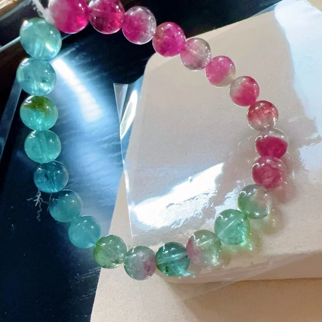 Natural Colorful  Watermelon Tourmaline Clear Round Beads Bracelet 8mm Red Green Tourmaline Women Men Jewelry AAAAAAA