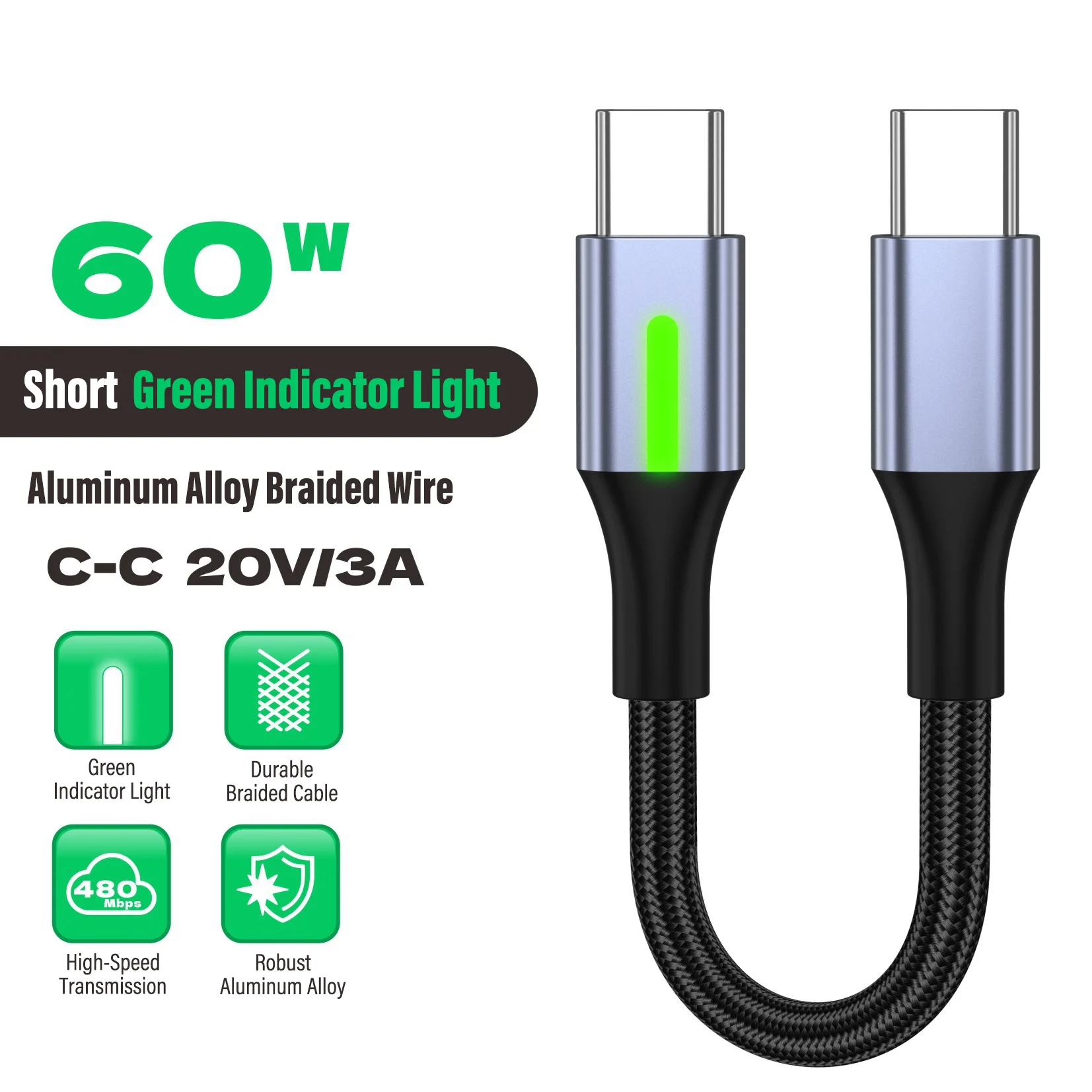 

60W 25cm 50cm Short Type C Cable USB C to Type C Fast Charging Data Cable For iphone 15 16 17 pro max Tablet Power bank Charging