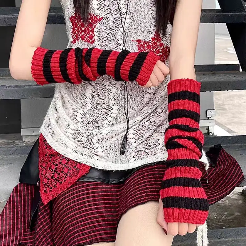 Women's Knitted Arm Sleeves Gothic Style Striped Autumn Winter Long Arm Warmers Girls Harajuku Y2K Wrist Gloves Elbow Mittens