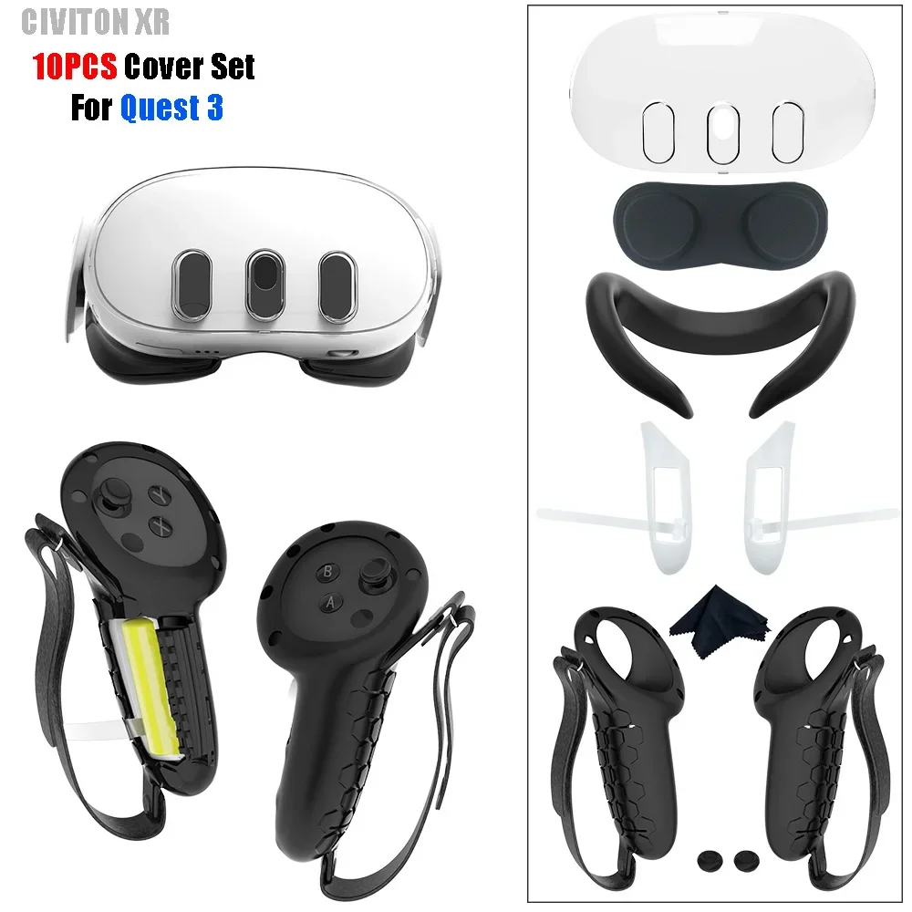 10-in-1 Silicone Protective Cover for Meta Quest 3 VR Controllers Grips Protector with Battery cover For Quest 3 VR Accessories