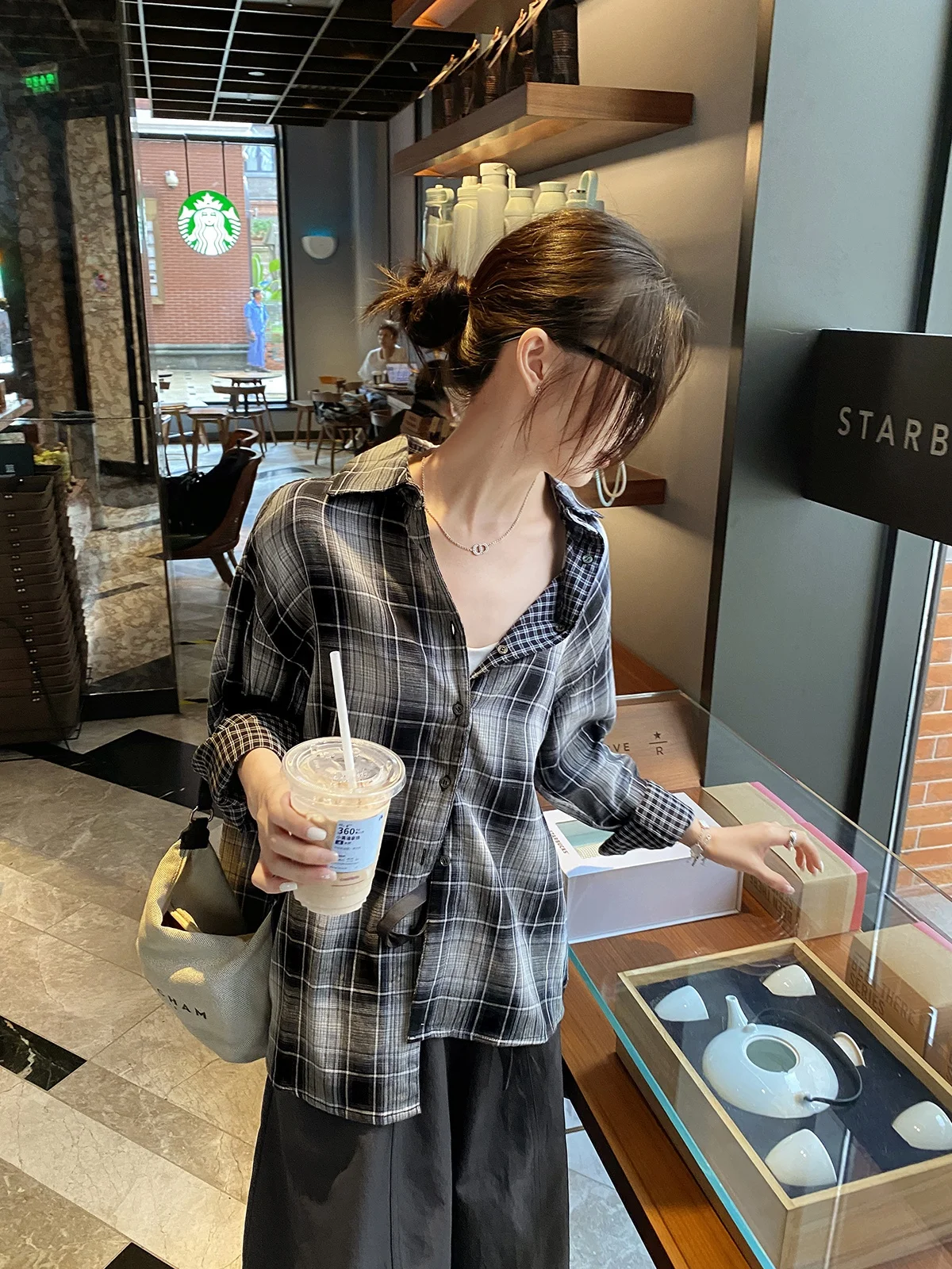 

FEELROOM Double-Sided Wear Plaid irt Loose Fit Casual Versatile Layering Outerwear Spring Vintage Lazy Aosphere Women's Top