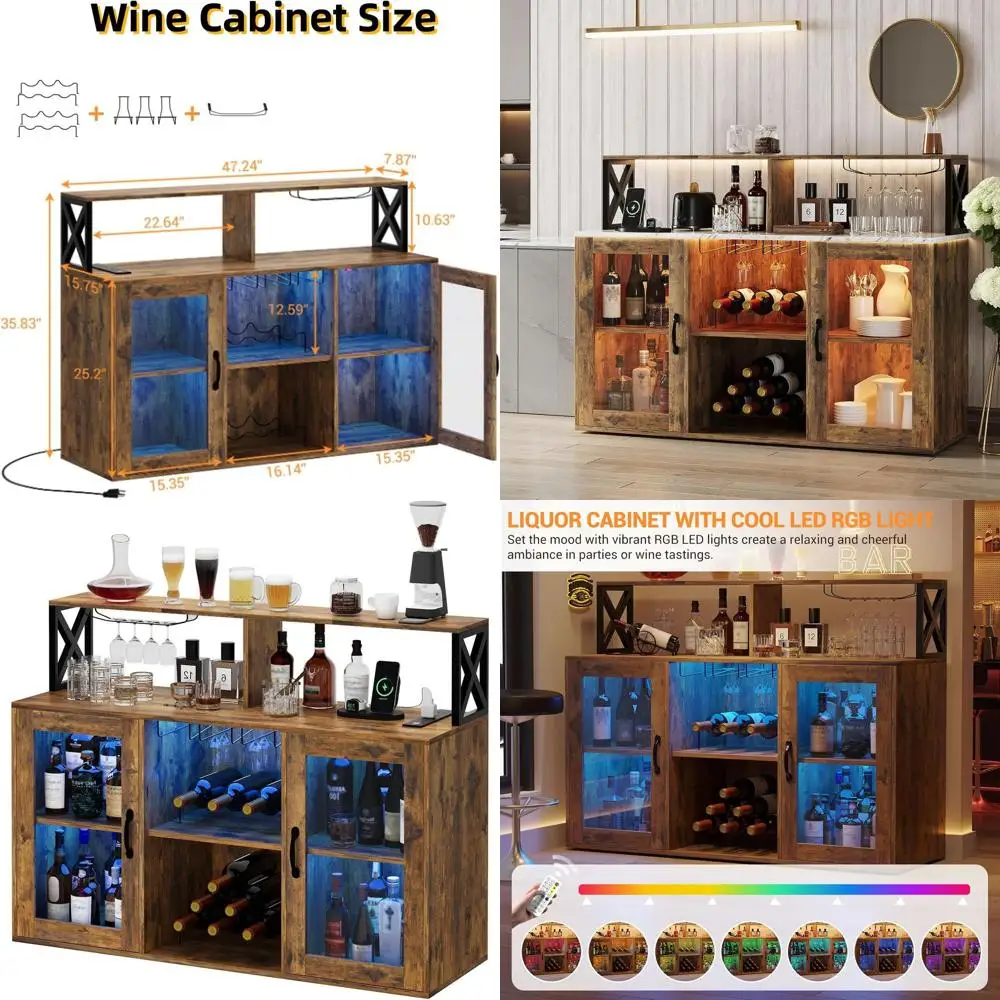 

Винный шкаф для дома со светодиодной подсветкой и полками для вина и бокалов, кофейный бар-шкаф с USB-портами, в стиле фермерского дома, для