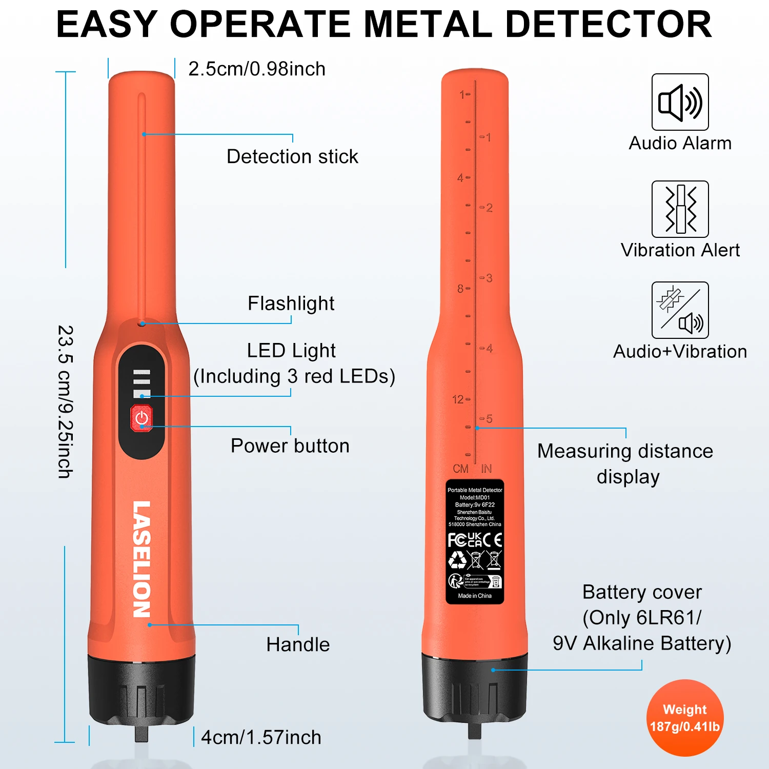 Металлоискатель Laselion, портативный металлоискатель для приключений на открытом воздухе, пинпоинтер, водонепроницаемый 360° °   Стержень металлоискателя бокового сканирования