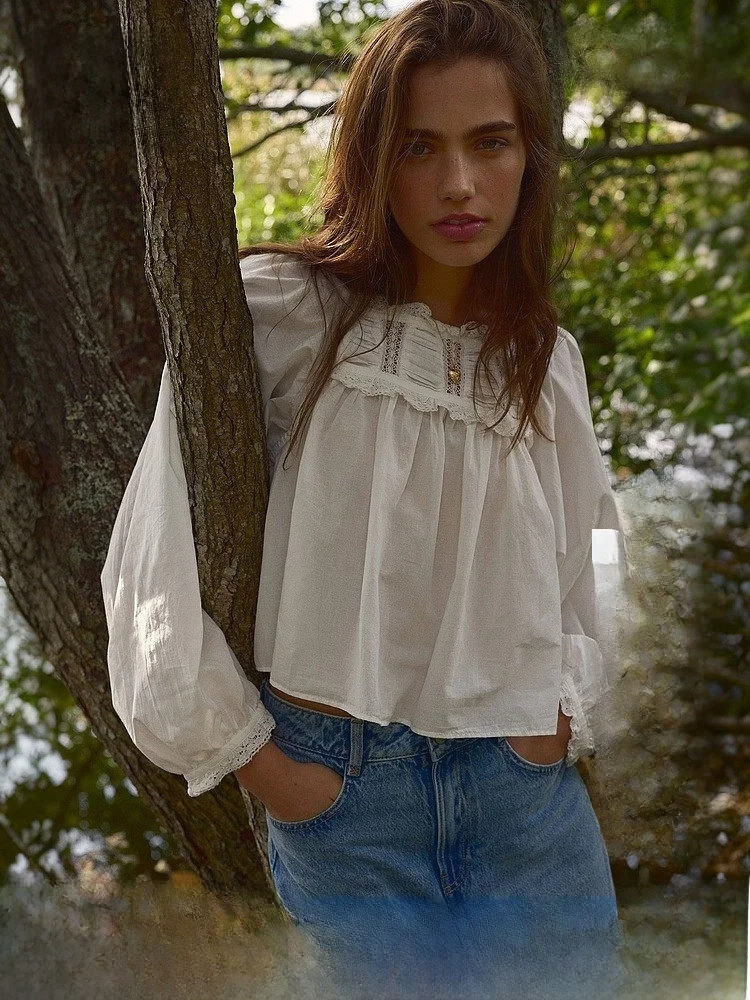 

H&M Summer Women's Lace Trim Cotton Top Elegant Style Long Sleeve Square Collar Fit Shirt Cotton 100% Regular Thickness