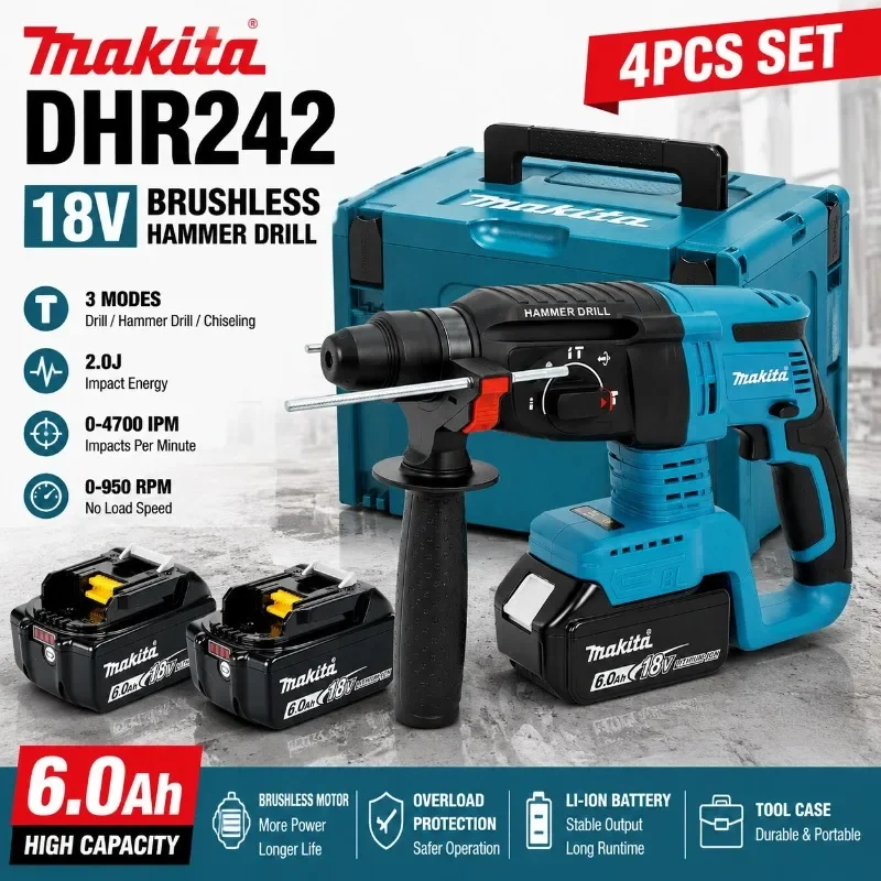 100% Original Makita DHR242 18V Brushless Cordless Rotary Hammer Drill 24mm Concrete 4700 IPM 3-Mode Heavy Duty Professional