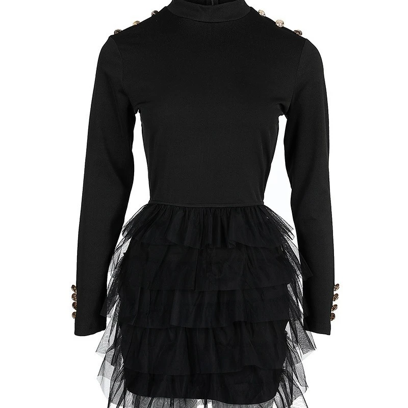 Elegante vestido superior de manga comprida para mulheres novo em camadas plissado borda vestido fofo malha manga comprida festa mini vestido