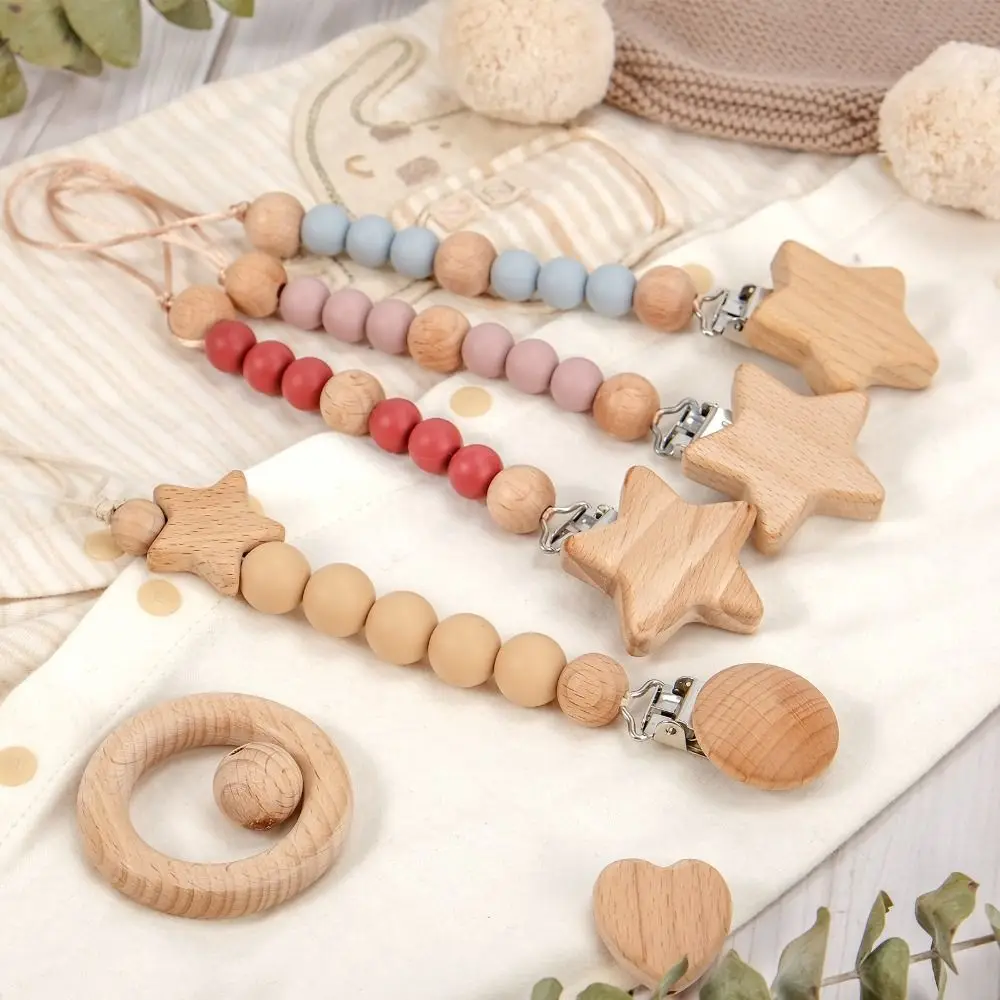 

Dummy Clips Pacifier Holder Clips Wood Soother Holder Baby Pacifier Chain Star Nipple Holder Clips Baby Teether Toys Straps