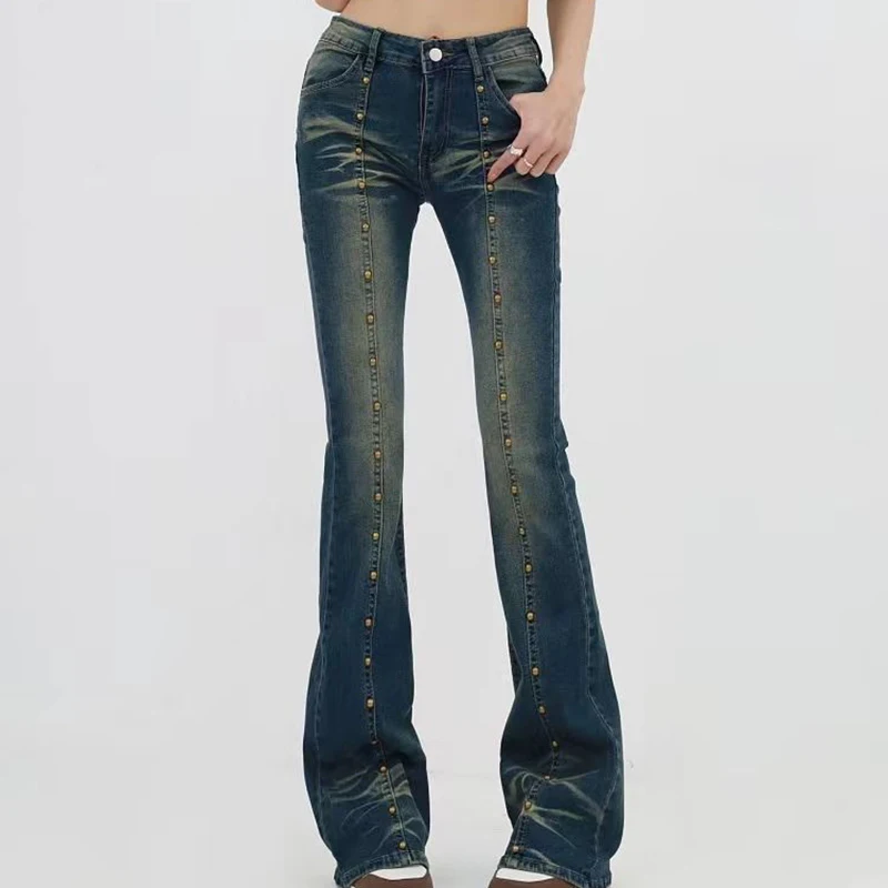 Vintage americano baixo aumento queimado jeans rebite studs angustiado lavado denim calças bootcut magro y2k harajuku rua denim calças