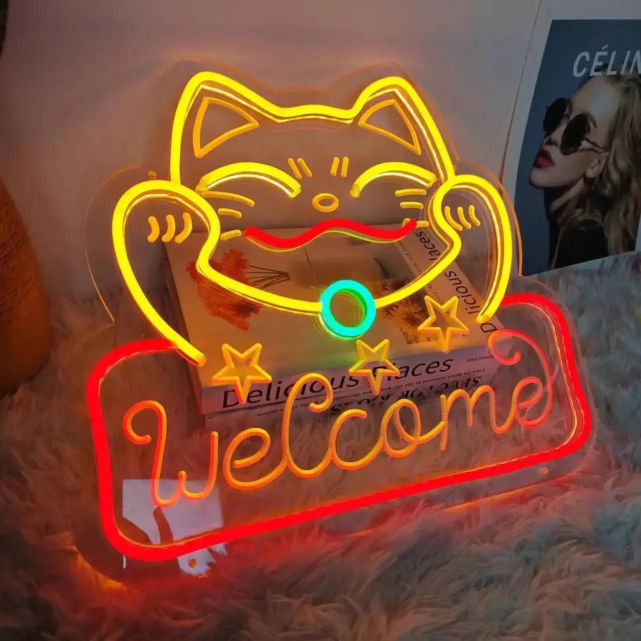 Fortune Cat Ramen Anime Neon Sign Lucky Cat The God of Wealth Neon Light Wall Decor Custom Restaurant Neon Sign Kitchen Decor