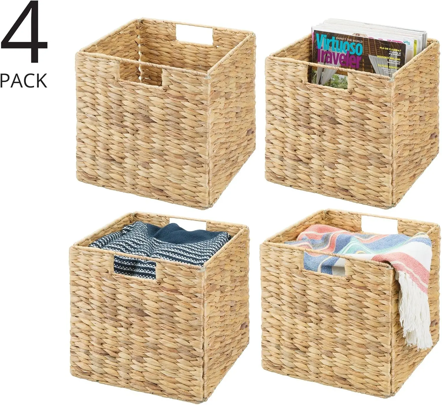 Natural Woven Hyacinth Cube Organizer Basket with Handles, Storage for Bathroom, Laundry Room Shelf or Nursery - Perfect