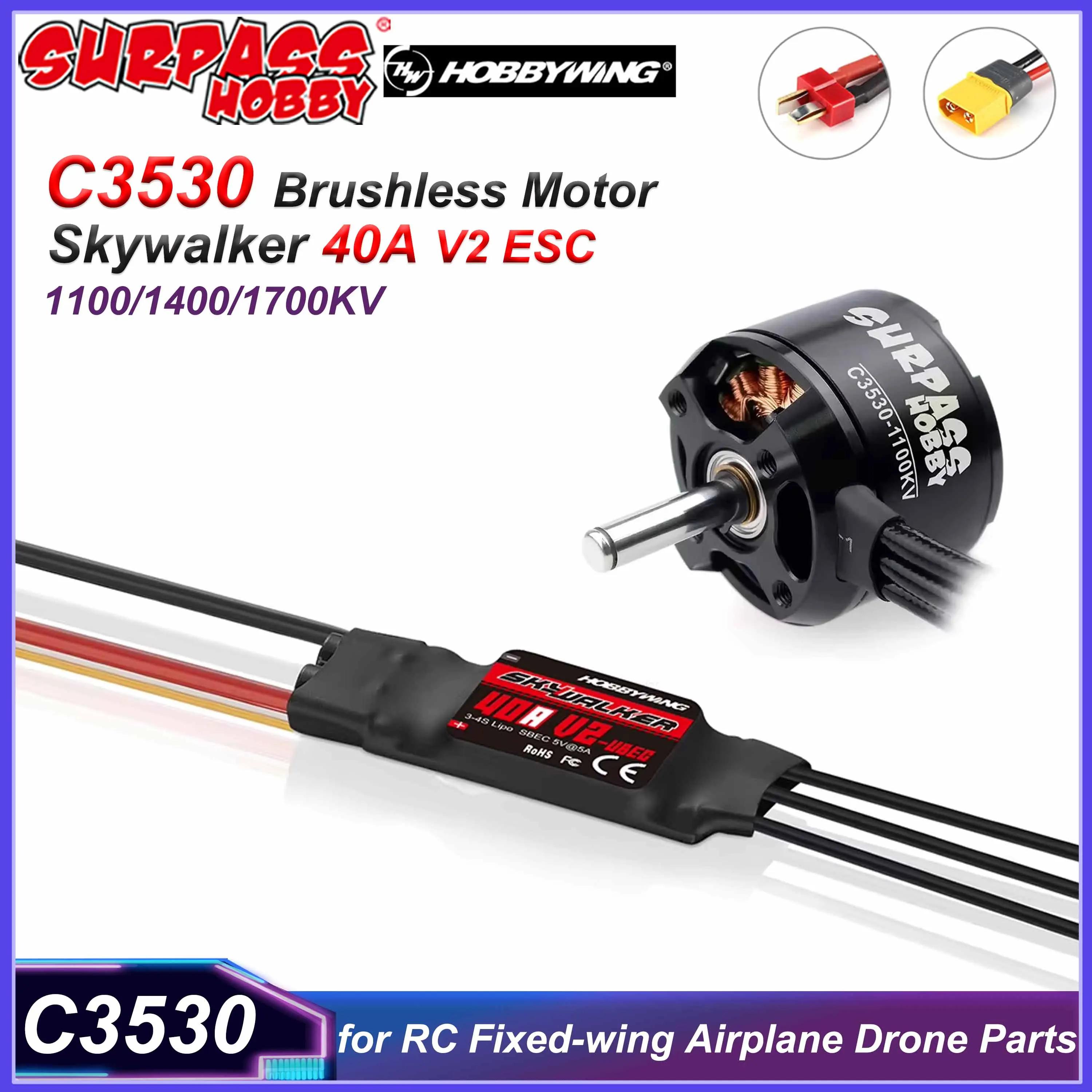 

SURPASS HOBBY 3530 Brushless Motor Skywalker 40A ESC Combo 1100/1400/1700KV T/XT60 Plug for RC Fixed-wing Airplane Drone Parts