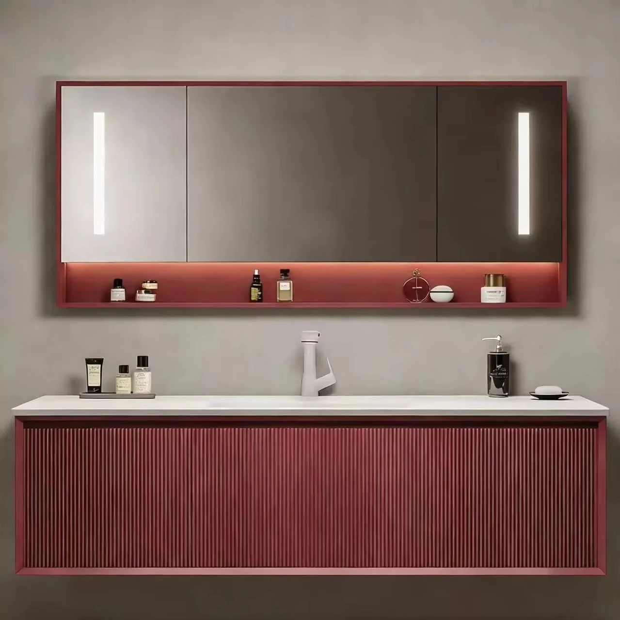 &c Wall-mounted Water Resistant Modern Ceramic Basin Bathroom Vanity Set with Mirror Wavy Lines Design for Bedroom & Hotel