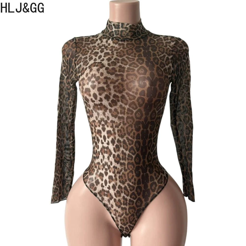 HLJ&GG Women Leopard Print Sheer Mesh Bodysuit Sexy Round Neck Long Sleeve High Cut Bodycon Rompers Lady Clubwear Overalls 2026
