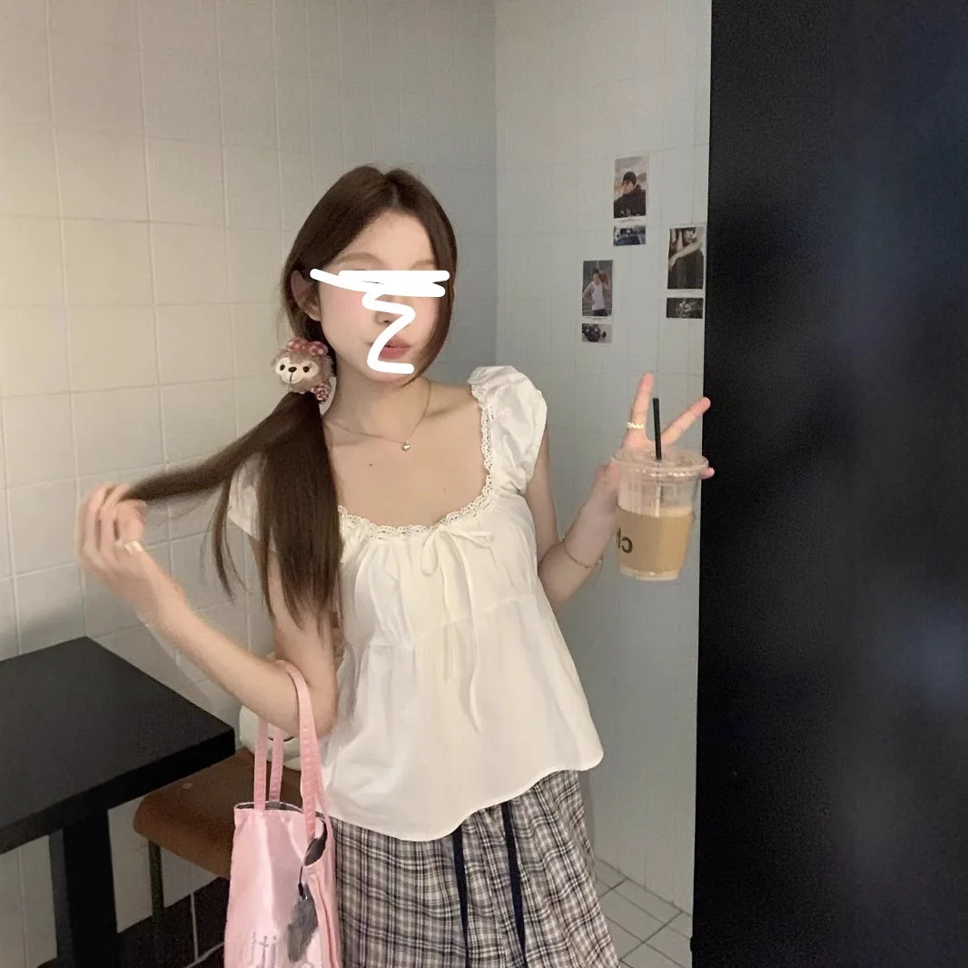 White Sweet Puff Sleeve Tie-Up Blouse Summer Design French Doll Loose Slimming Age-Defying Korean Top