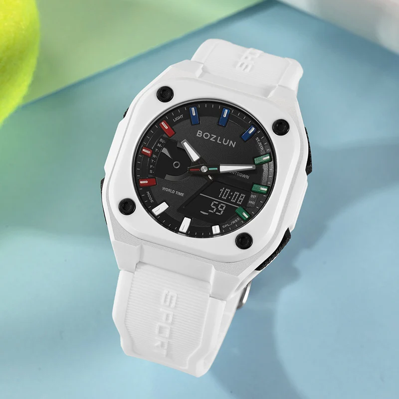 BOZLUN 5 إنذار ساعات حركة كوارتز للرجال والنساء ضوء النهار توفير الوقت ساعة اليد موضة العد التنازلي EL ضوء ساعة مقاومة للماء