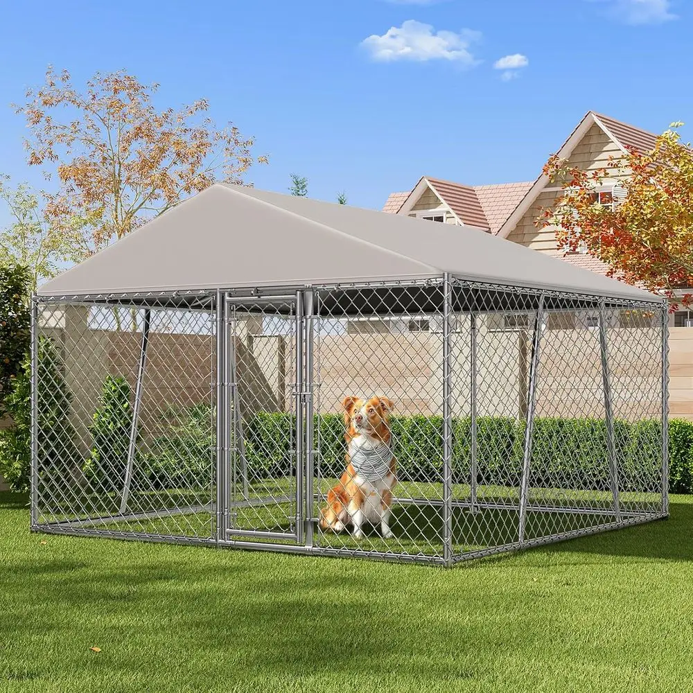 

Large Dog Kennel Outside with Roof, Chain Link Outdoor Dog Run Cage with Cover & Lock, Outdoor Pet Enclosure Fence for Yard with