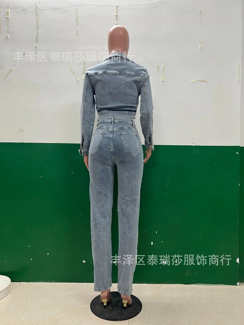 الدنيم 2 قطعة مجموعة النساء تمتد رفض طوق سحابات أكمام طويلة جاكيتات بلايز + عالية الخصر سروال شكل قلم رصاص السببية الجينز الدعاوى #3