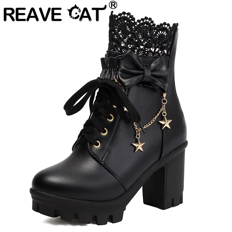 

REAVE CAT Blue Women Ankle Boots Round Toe 9.5cm High Heels 3cm Platform Zipper Lace Up Bowknot Plus Size 43 44 Sweet Booties