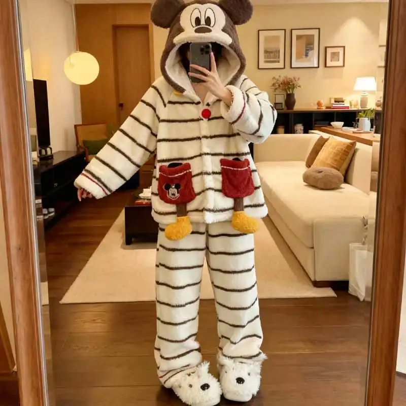 

Cartoon Mickey Pajama Set Soft Comfortable Coral Fleece Material Autumn Winter Warm Hooded Homewear Practical Peripheral Gifts