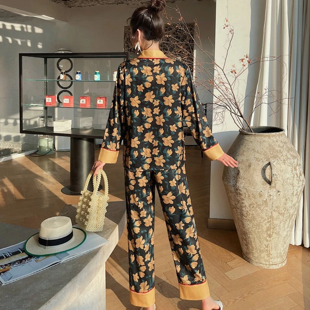 Spring Autumn New Satin Double Breasted Women Floral Pajamas Sets Vintage Female Leisure Night 2 Pcs Sleeping Outfits Pijamas