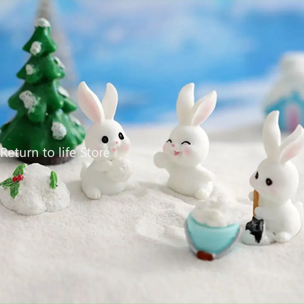 Figurines Christmas Rabbit Micro Landscape Snowman Bunny Ornament Desk Accessories For Home Decoration Kids Gifts Miniature