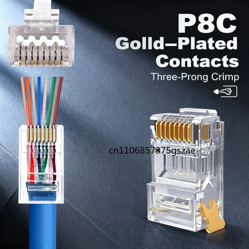 10/50/100pcs RJ45 Cat6 Cat6a Pass Through Connectors Gold Plated 8P8C Modular Plugs for 23AWG Twisted Pair Ethernet Cable