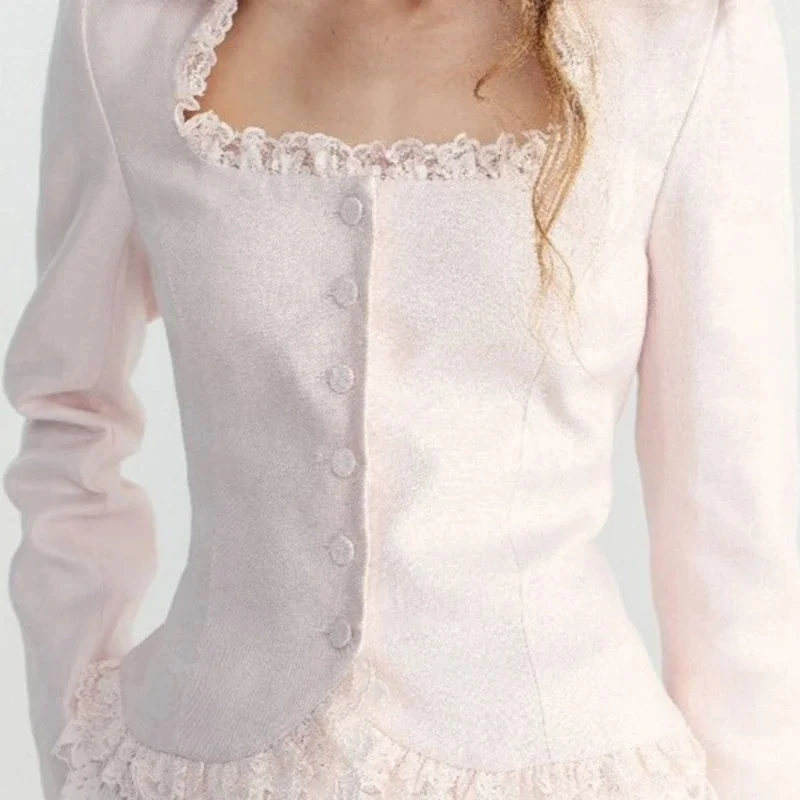 Pink Lace Trim Square Neck, Blazer Women Slim Fit Tweed, Jacket Elegant Short Cardigan Spring, Autumn Lady Outerwear Fashion Top