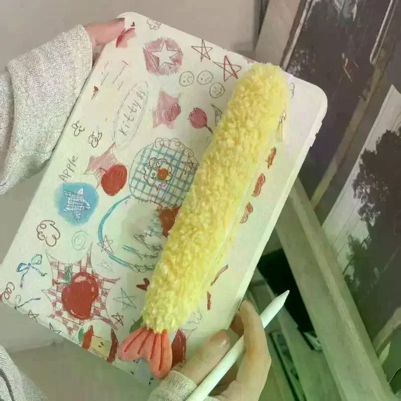 Super Cute Fried Shrimp Tail Ribbon Pen Case, Single-layer Portable Stationery Organizer With INS Style Fleece, Student Sch 1Pc