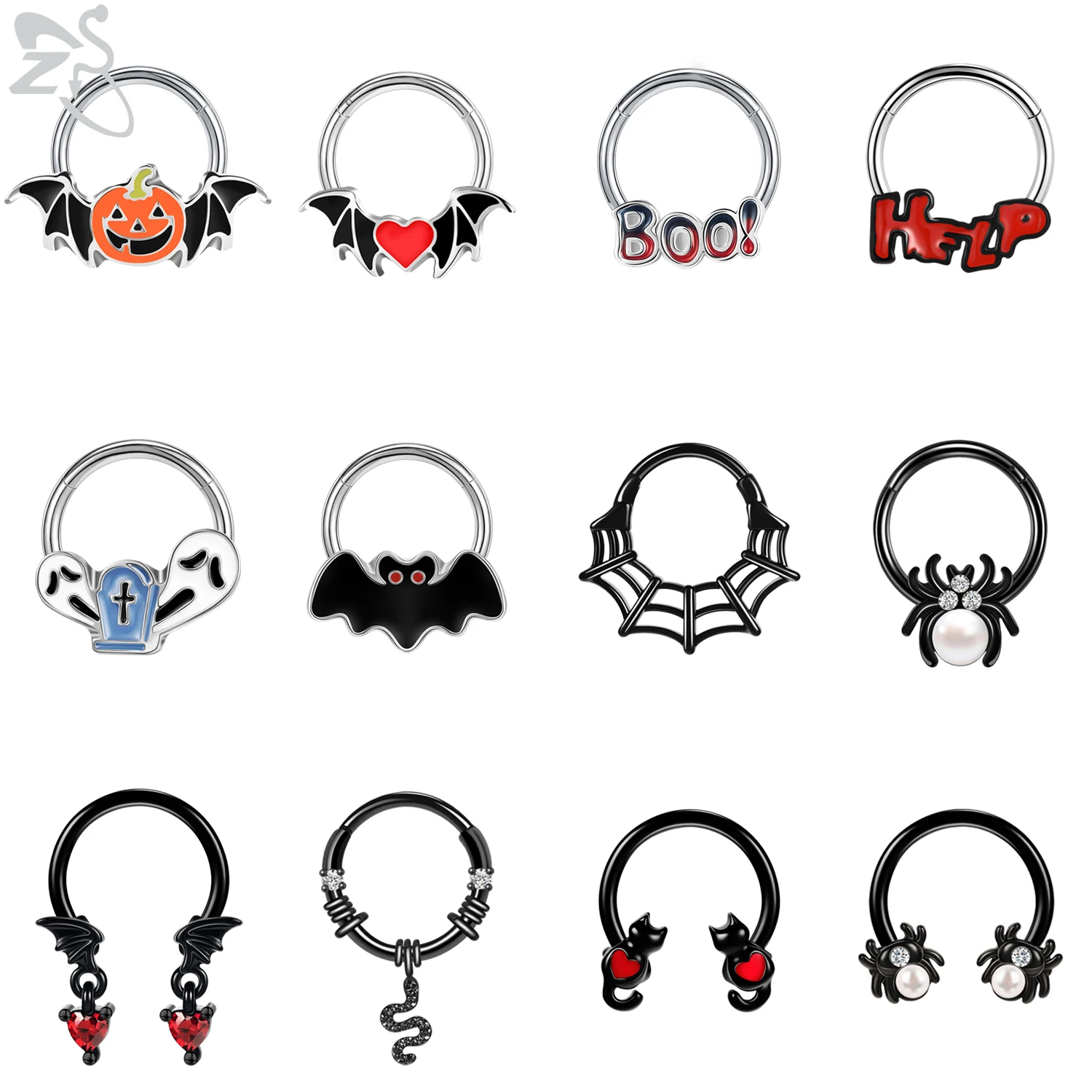 ZS 1PC Piercing nosa w kształcie dyni węża w kolorze czarnym Pierścień przegrody ze stali nierdzewnej Piercing nosa Clicker Ear Helix Chrząstka 16G