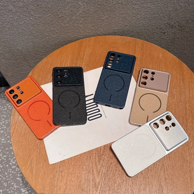 Solid Color Magnetic Phone Case for Samsung Galaxy S26 S25 S24 Ultra Plus FE Litchi Texture Leather Large Window Matte