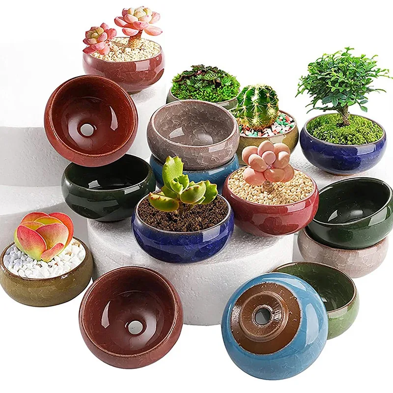 Cute Ceramic Ice-Crack Glaze Succulent Flower Pot Mini Planter for Home Office Garden Decorative Plant Pot