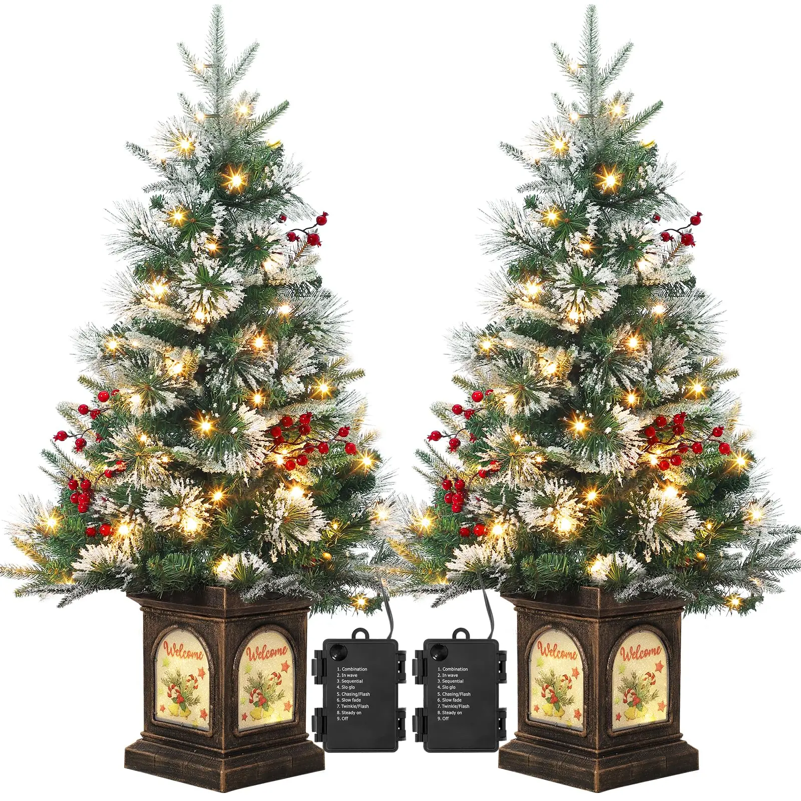 

3ft Pre-Lit Artificial Mini Christmas Tree with 78 Led Lights & Vintage Bells Base Festive Tabletop Xmas Decor with Berries,2Pcs