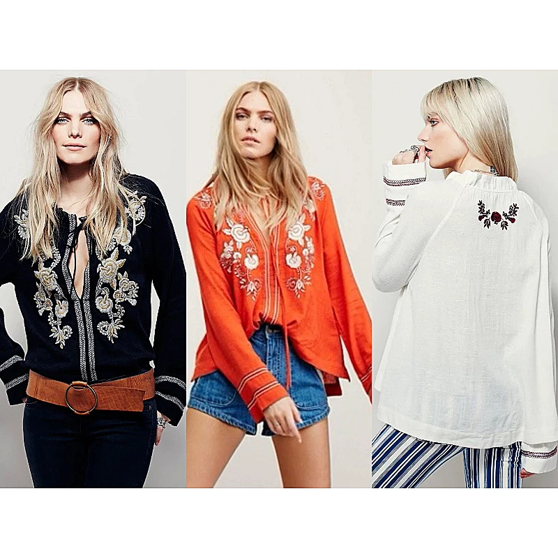 

2025 Holiday Flower Embroidered Shirt Bohemian Lace-up V-neck Long-sleeved Casual Beach Top