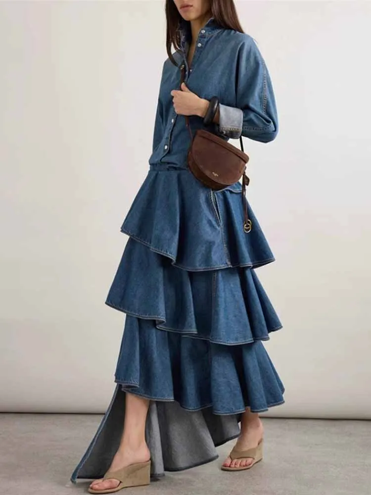 

MCDV Casual Denim Two Piece Set Women Lapel Long Sleeve Denim Shirt Jacket Asymmetrical Tiered Ruffle Long Skirt Matching Suits