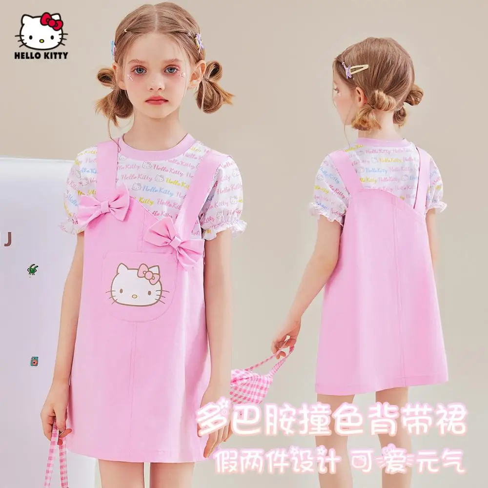 

Girls Dress Sanrio Hello Kitty Summer New Short-Sleeved Skirt Dopamine Fake Two-Piece Dress Child Baby Leisure Strap Short Skirt