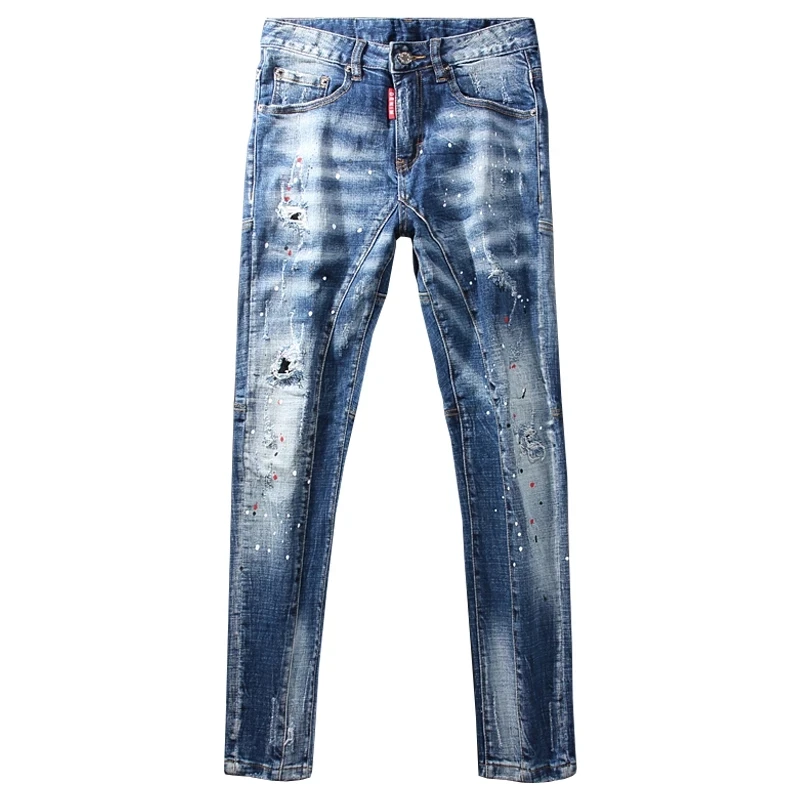 Street Fashion Men's Jeans Resilient Slim Fit Split Jeans Designer Painted Retro Blue High Quality Denim Pants Hombre