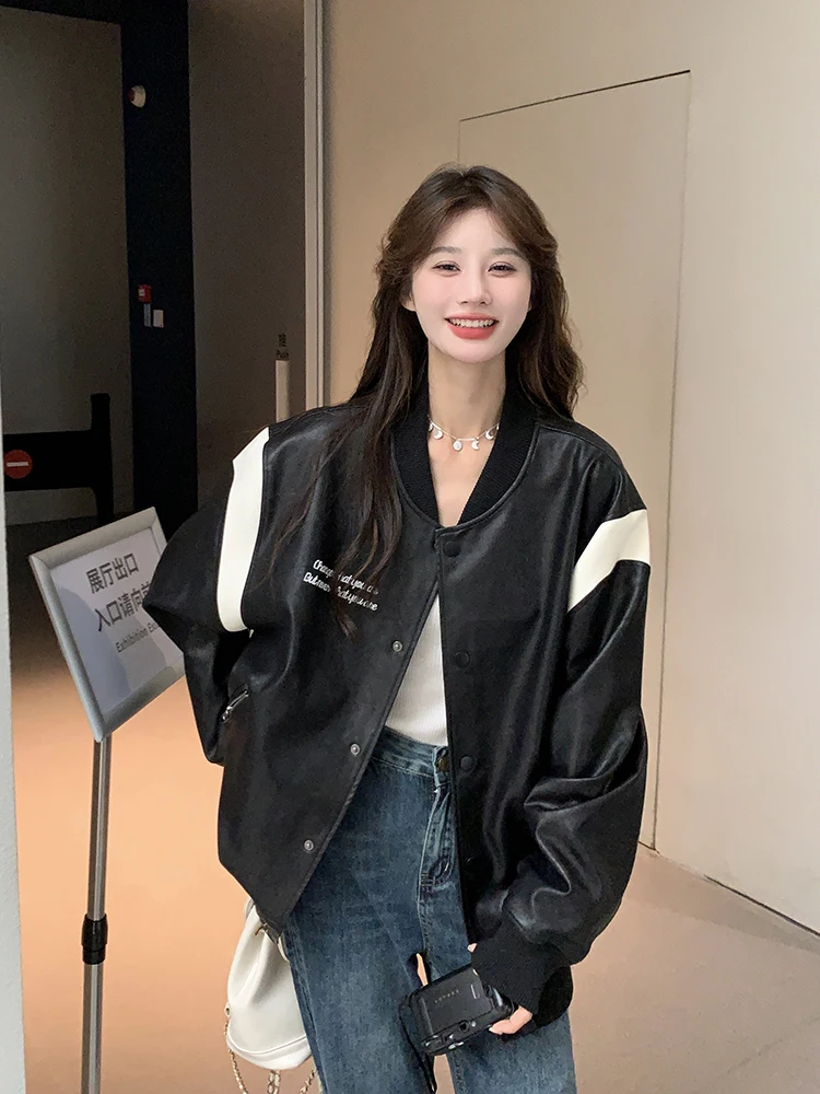 Baseballjacken Leder Damenmode Ärmel Softshell-Taschen Retro Langarm Kpop Life Fishbone Prints Beflockung Fleeced