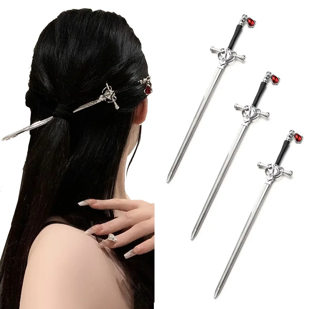 1Pc Chinese Style Sword Hairpin Punk Ruby Hair Stick Ponytail Women Trendy Hair Pin Hairstyle Tools Daily Hair Accessories