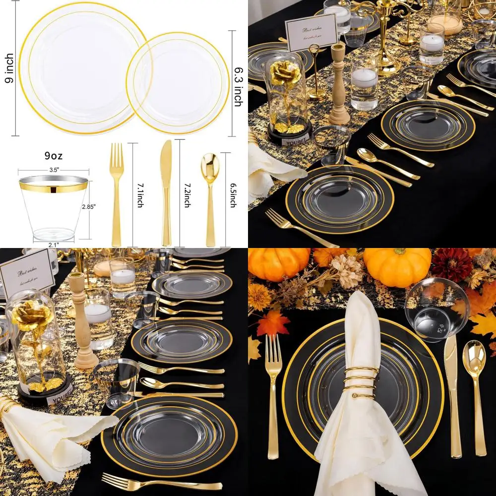 

Elegant 600-Piece Gold-Edged Plastic Tableware Set: 100 Dinner Plates, 100 Dessert Plates, 300 Cutlery Pieces