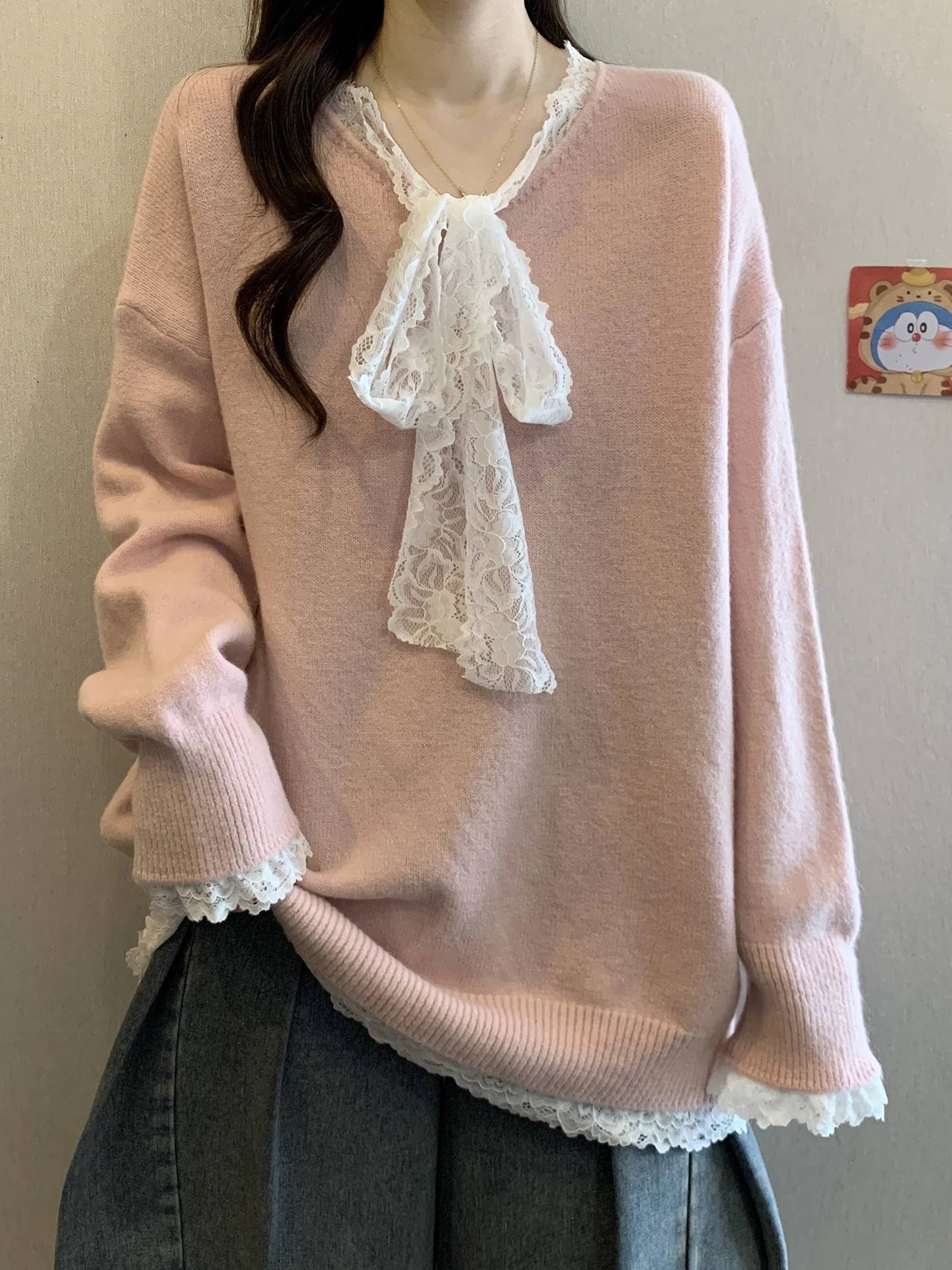 

Розовый вязаный свитер с V-образным вырезом больших размеров для женщин, осенне-зимний модный топ средней длины, прикрывающий бедра, для полных женщин (MM)