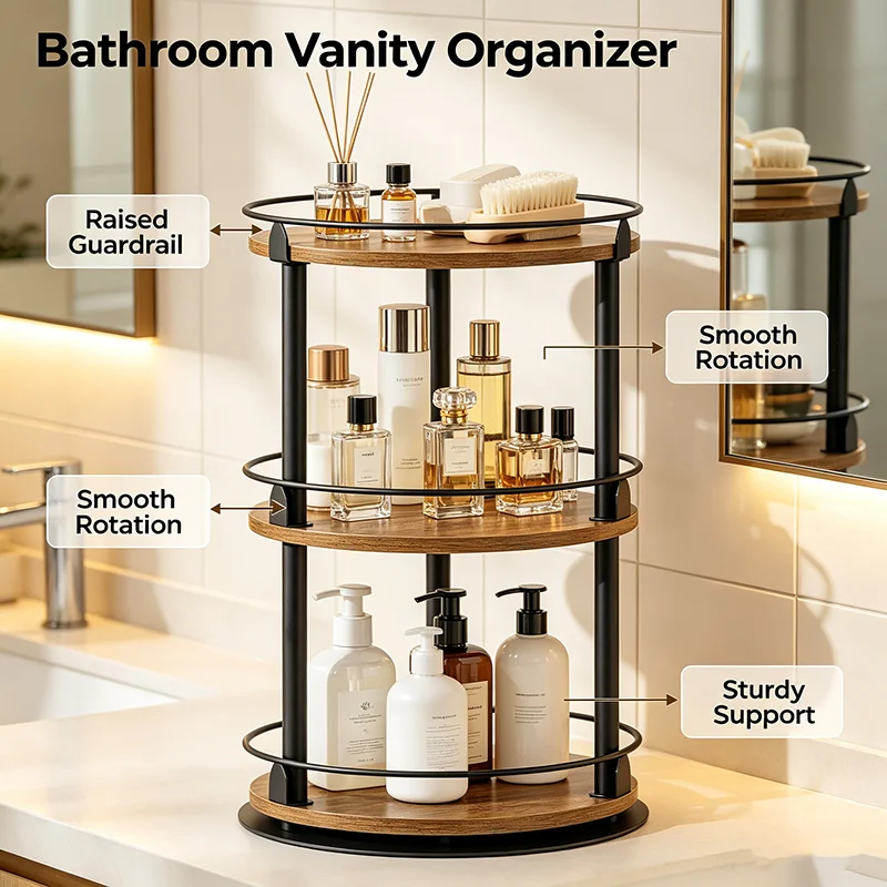 Kitchen Solid Wood Susan Storage Rack 3 Tier Steel Round Organizer Desktop Spice Bottle Jar for Oils Seasoning Bottles Cosmetics