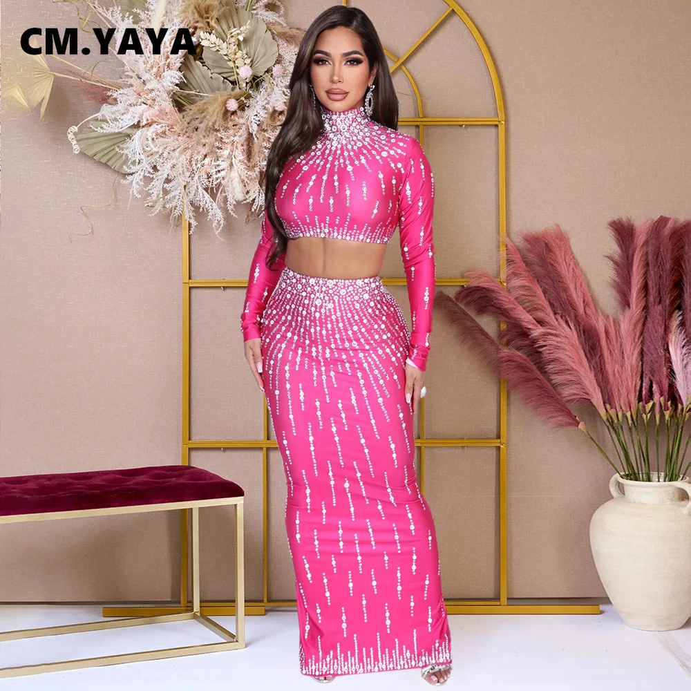 CM.YAYA مجموعة النساء الشارع طويلة الأكمام طباعة المحاصيل القمم + عالية الخصر التنانير الطويلة الدعاوى مثير حفلة عطلة قطعتين مجموعات فستان #4