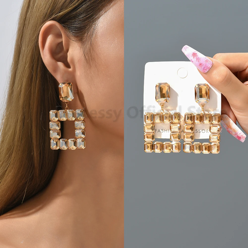 Hot Pink Glass Square Dangle Earrings For Women Luxury Piercing Big Pendientes Fantasy Wedding Party Graduation Vintage Jewelry