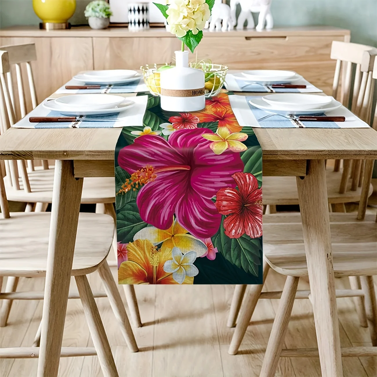 Summer Hibiscus Flowers Plants Linen Table Runner Party Decor Tropical Palm Leaves Kitchen Dining Table Runners Home Decoration