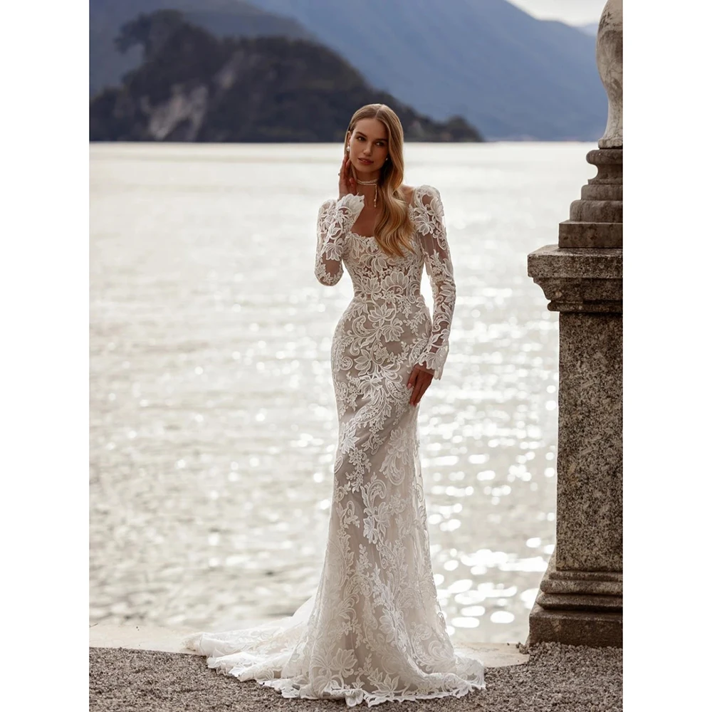 

Romantic Scoop Neck Mermaid Wedding Dresses Classic Lace Applique Long Sleeve Backless Sweep Train Bride Dress Vestido De Novia