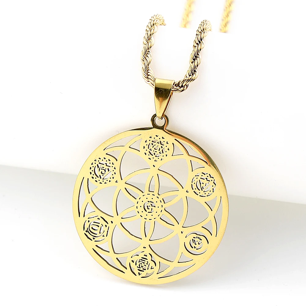 Yoga Flower of Life 7 Chakras OM Stainless Steel Mandala Necklace for Women Men Sacred Geometry Spiritual Healing Chain Jewelry