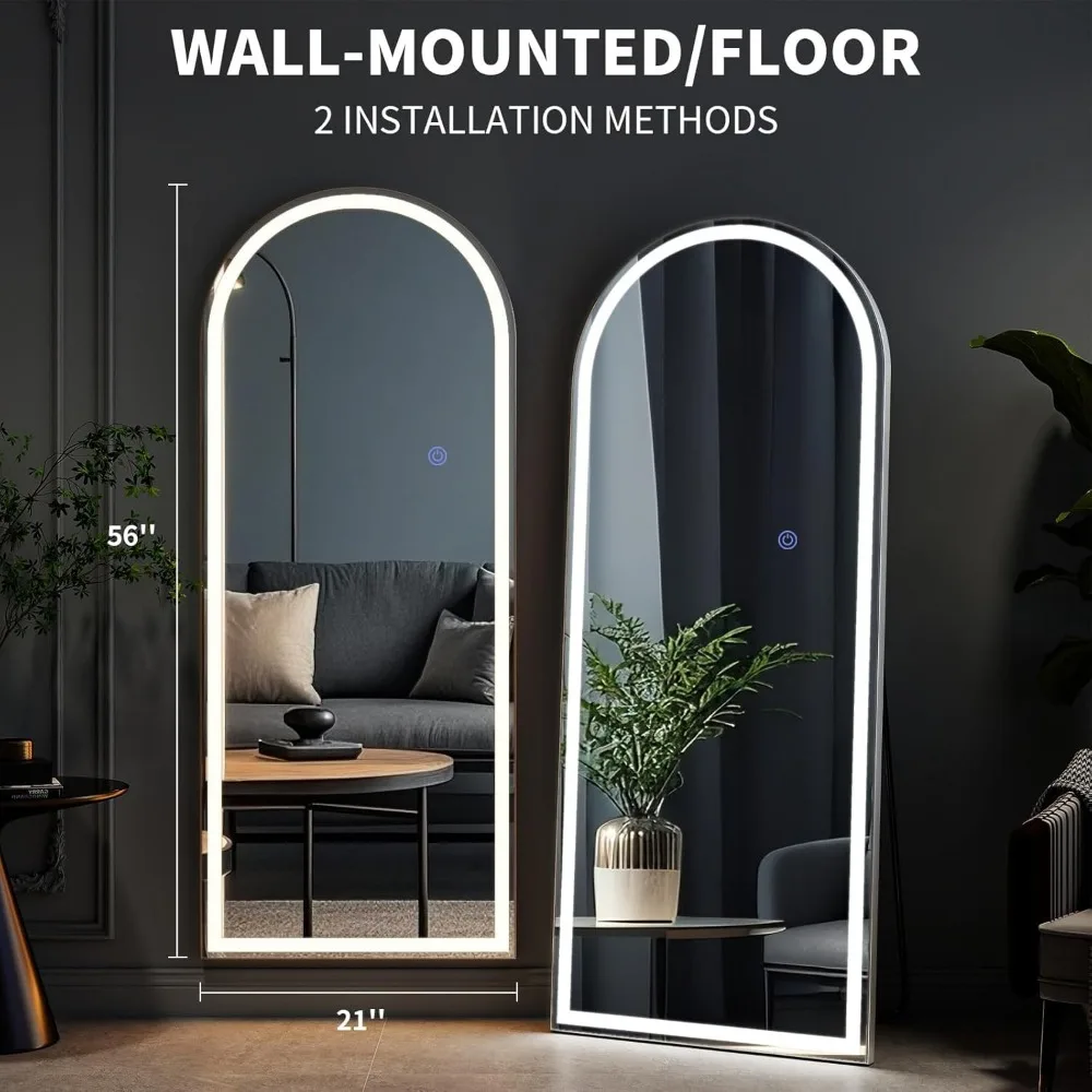 調光可能な3色モード付き、自立式または壁掛け式のフルレングスLEDライト付きアーチ型フロアミラー