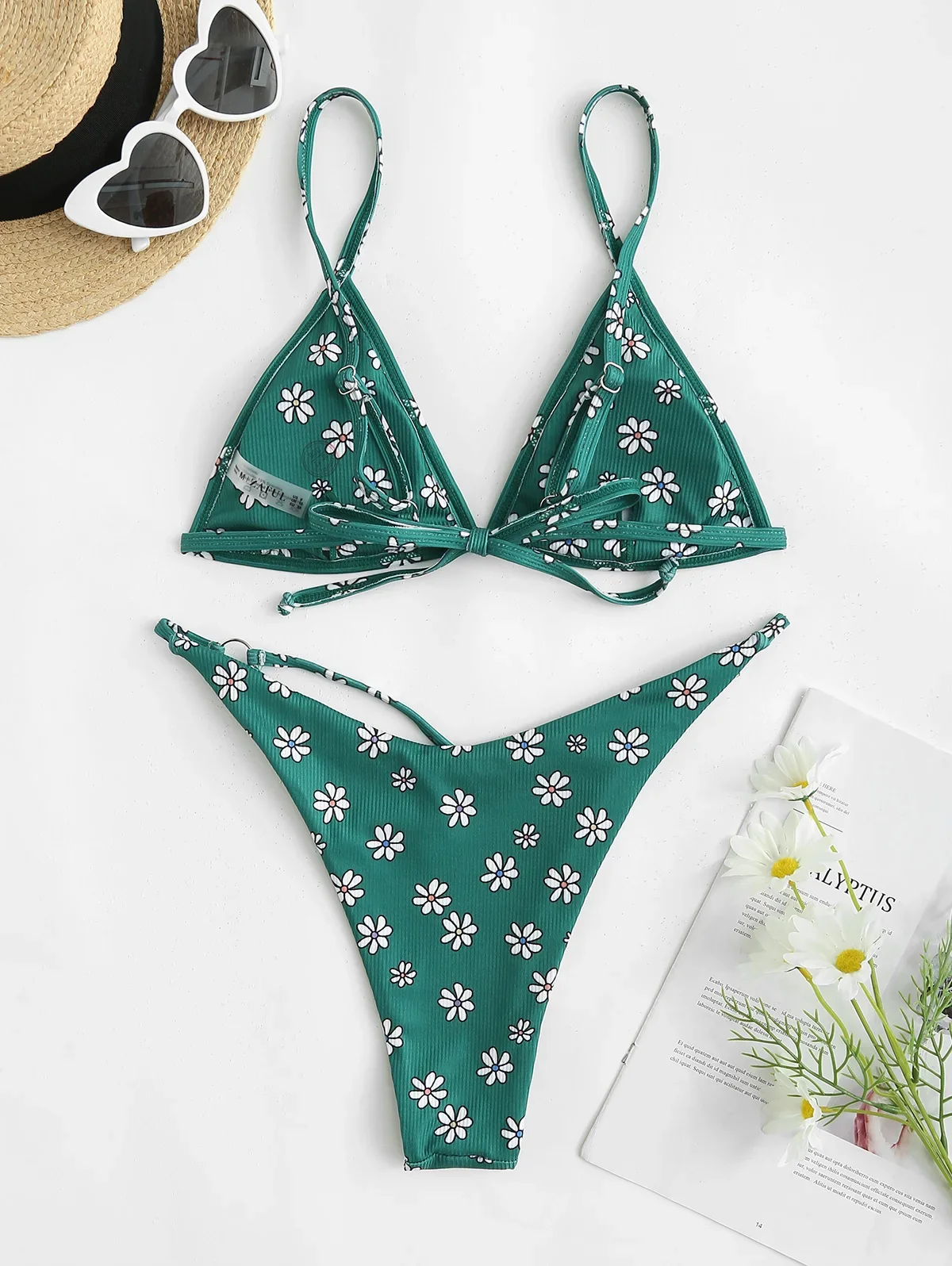 ZAFUL Ribbed Floral Strappy Cut Out Bikini Swimwear