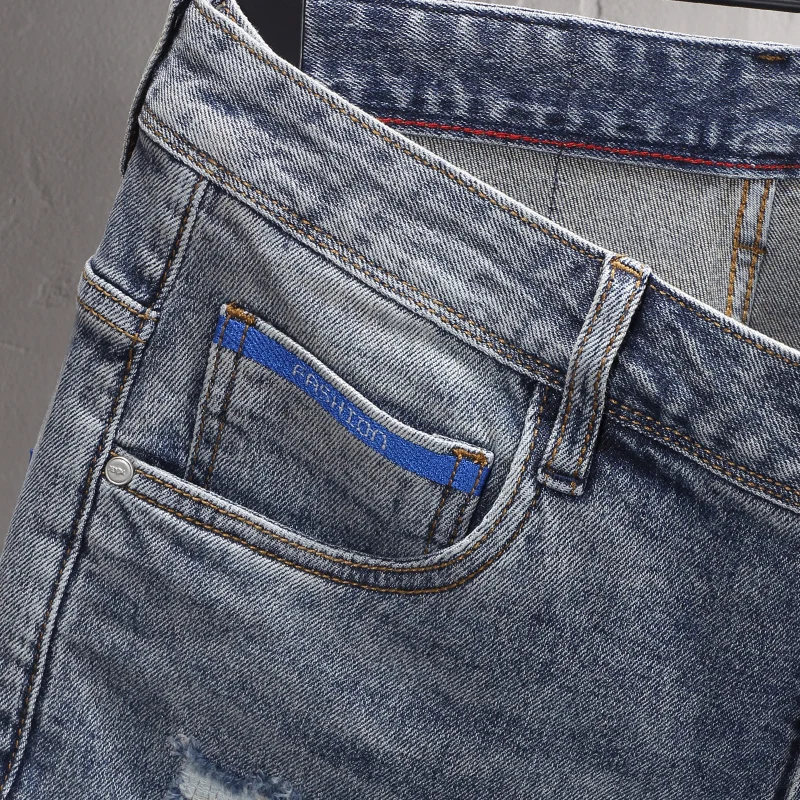 Summer Trendy Fashion Men Jeans Retro Washed Blue Elastic Ripped Short Jeans Homme Vintage Designer Casual Denim Shorts Men